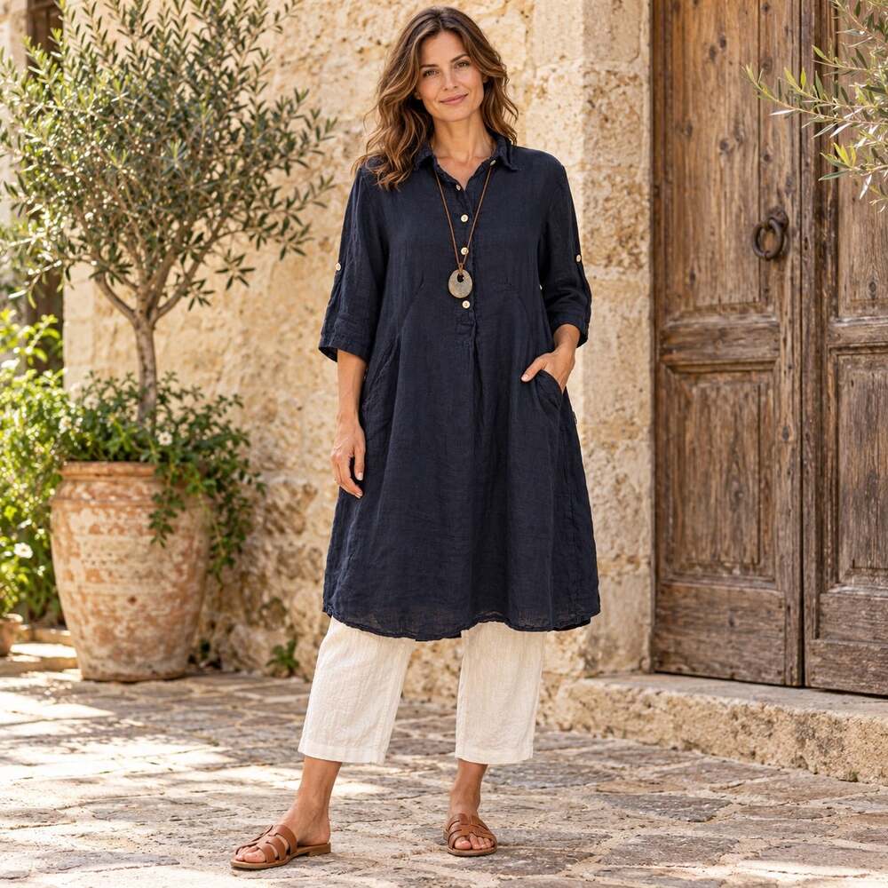 Elena Baldi Linen Dress Sz M Italian Lagenlook Coastal Roll Tab Euro Summer Navy